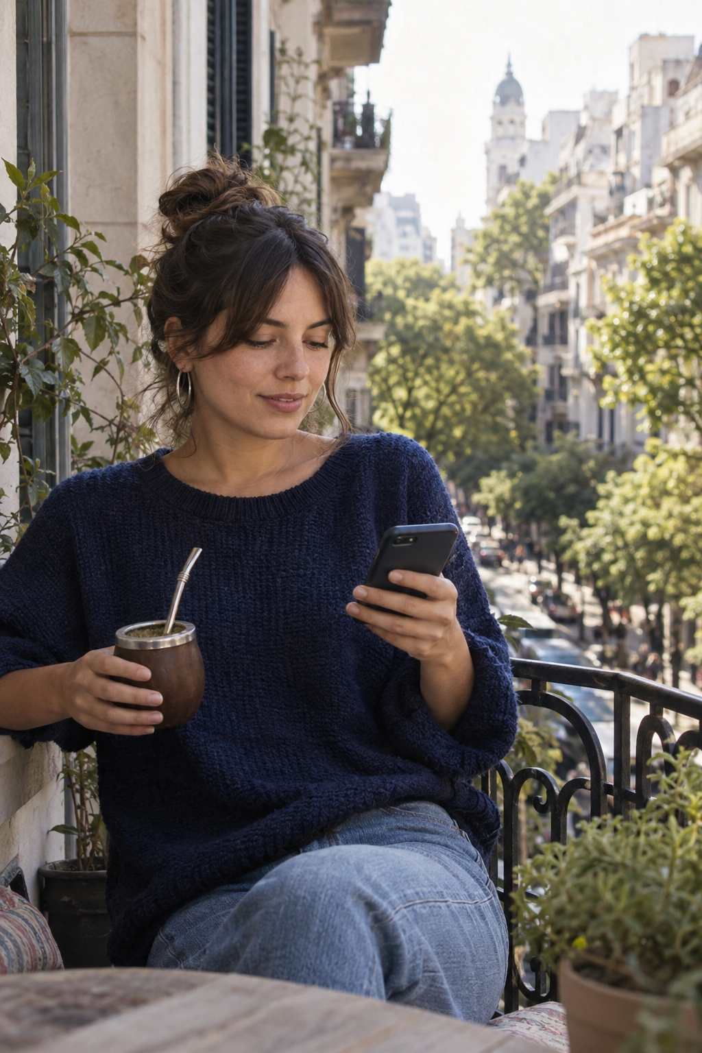 Mujer adulta consulta su teléfono en un balcón de Buenos Aires con un mate