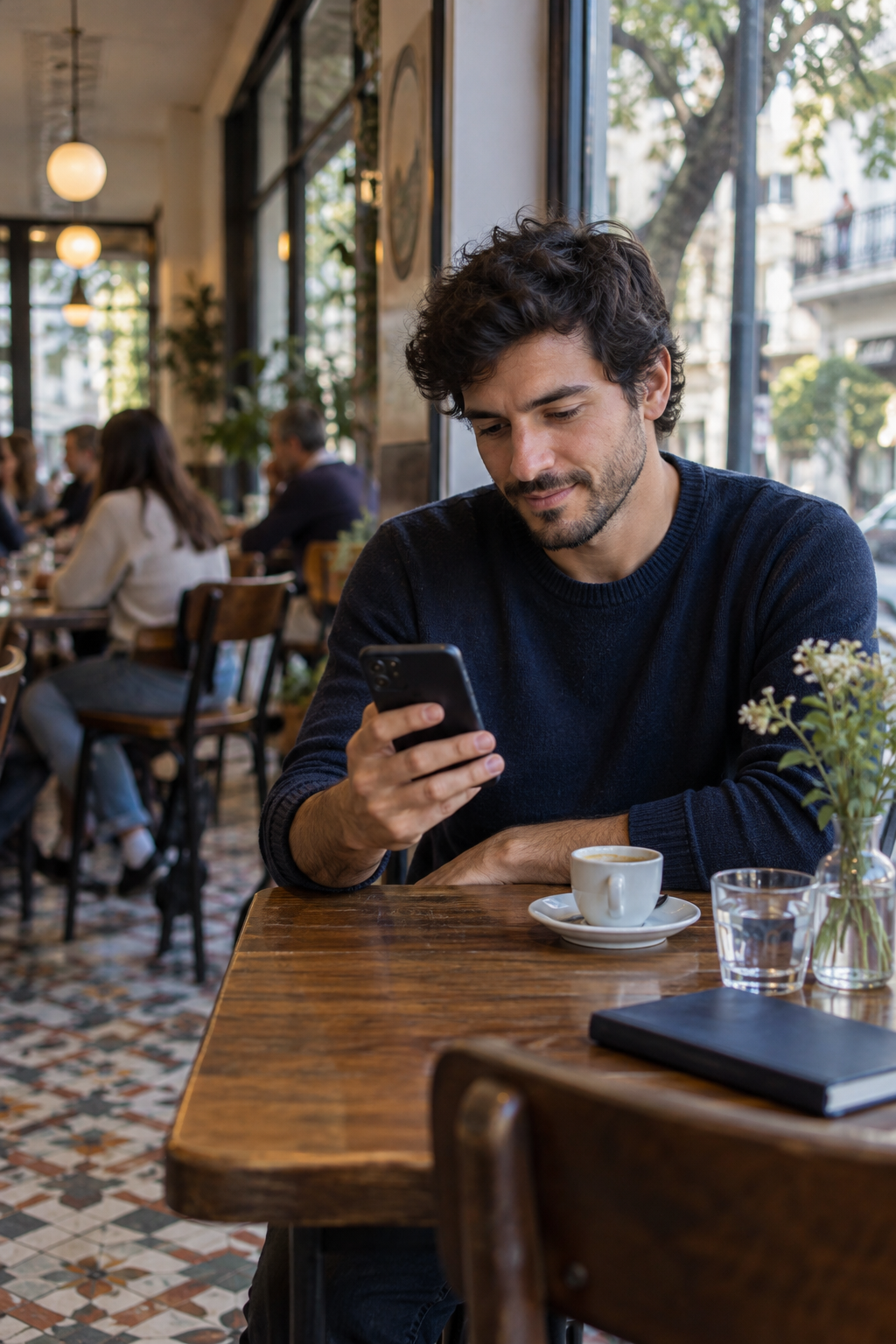 Hombre adulto revisa su teléfono en un café de Buenos Aires