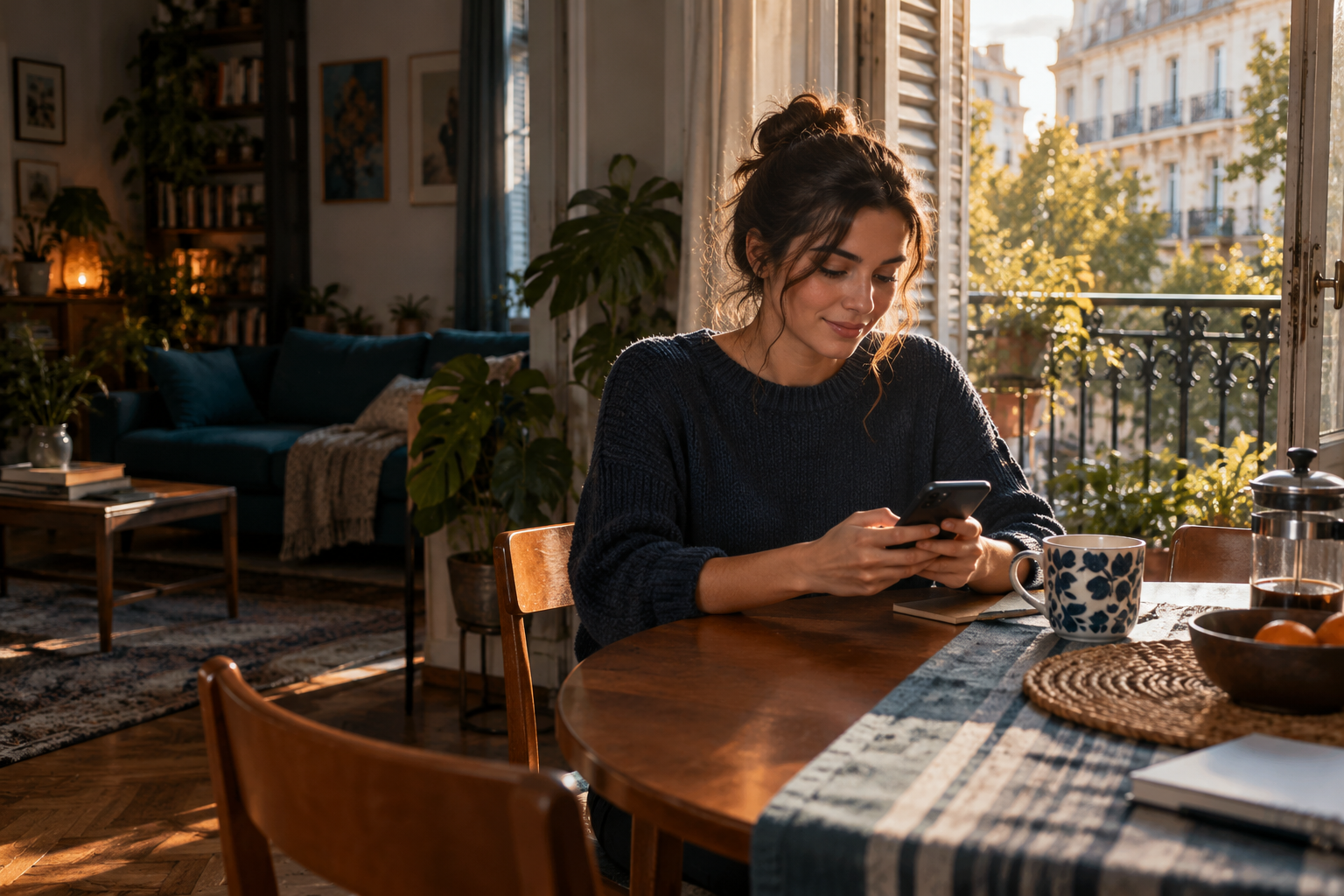 Mujer adulta revisa el teléfono en su hogar luminoso